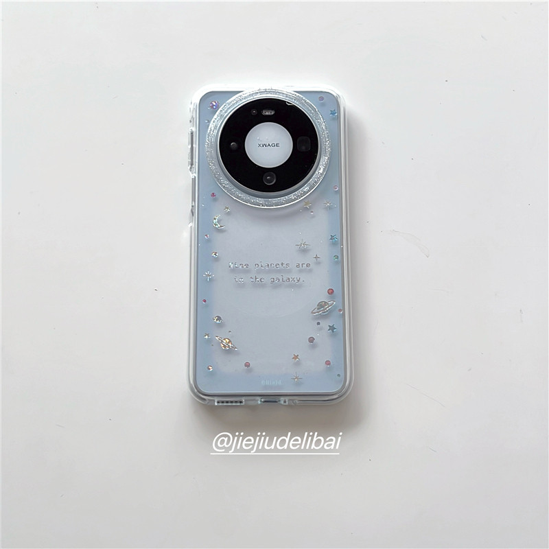 戒酒的李白|ins简约清新透明蓝色描边镭射飞碟英文适用华为mate80promax手机壳Pura90小众Pura70气质mate60