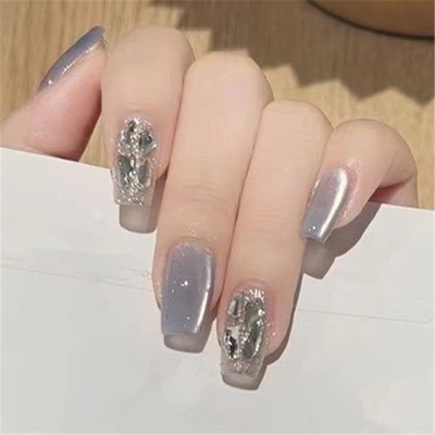 纯手工穿戴甲2025新款水月蓝玻璃珠猫眼美甲成品高级感爆闪假指甲