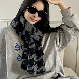 格子围巾女款2025新款秋冬季咖棕色千鸟格羊绒混纺灰色毛线围脖男