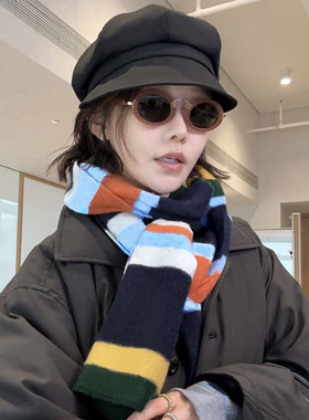 100%澳洲全羊毛围巾女款2026新款彩虹色条纹针织毛线秋冬保暖围脖