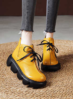 真皮厚底增高黄色马丁靴女2025秋冬头层牛皮复古时尚系带高跟短靴