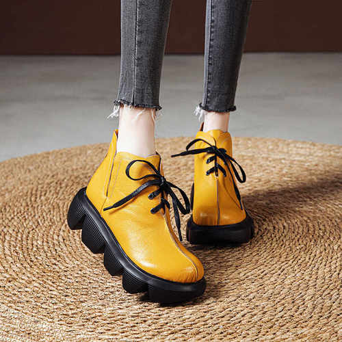 复古系带厚底真皮时尚黄色马丁靴