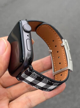 方格纹磁吸扣适用苹果手表s10表带iwatch987654布纹ultra2真皮H扣