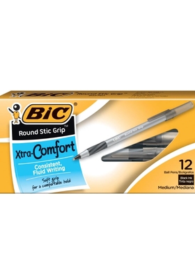 满10支包邮 BIC比克Round Stic Grip黑蓝红紫色圆珠笔penbeat 1.2