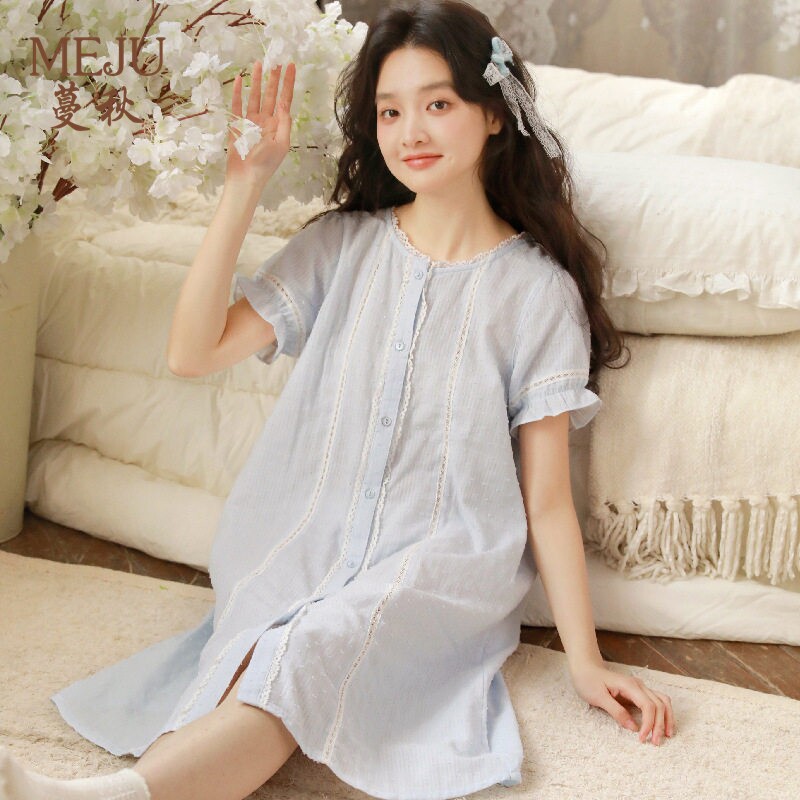 女学生短袖圆领睡裙清新宽松开衫