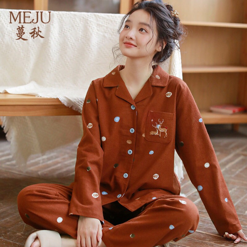 女学生长袖长裤睡衣绒布少女套装