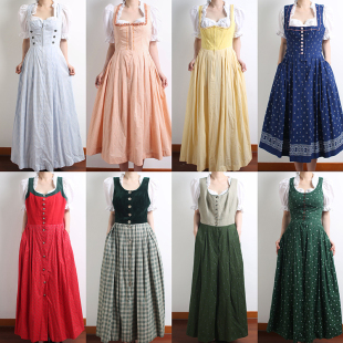 欧美古着vintage巴伐利亚连衣裙套装 孤品尖货绑带亚麻背带裙夏L9