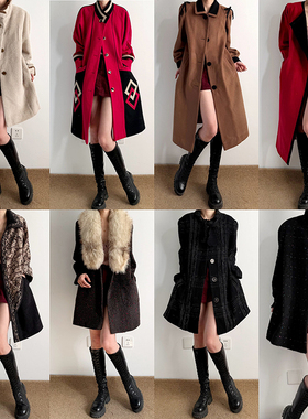 日制古着Vintage复古羊毛大衣尖货宽松气质中长款毛呢外套R28