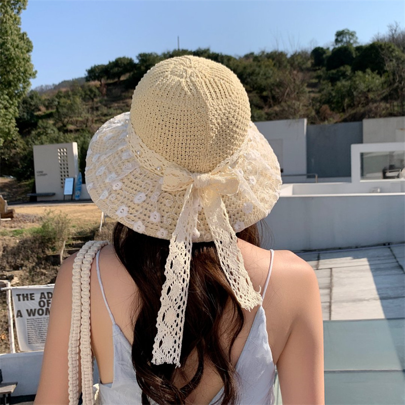 2025春夏韩版甜美可爱蕾丝蝴蝶结草帽女出游度假大檐可折叠防晒潮