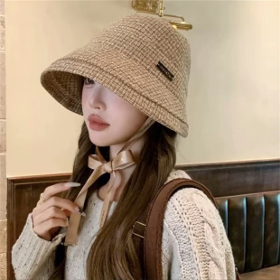 早秋新款优雅法式高级感系带渔夫帽女韩版格纹简约显脸小卷边盆帽