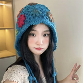 2025秋冬新款 手工钩织花朵流苏针织包头帽女民族风出游双层护耳潮