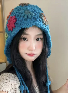 秋冬手工钩织彩色花朵流苏包头帽