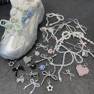 适配德训鞋带波鞋阿甘鞋高级感芭蕾风银珍珠水晶蕾丝蝴蝶结鞋带扣