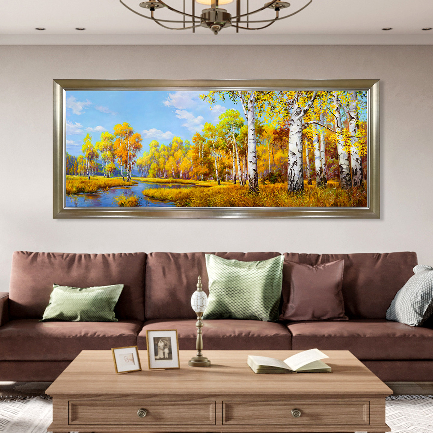 白桦树林手绘油画简约美式欧式风景卧室客厅沙发背景墙写实装饰画