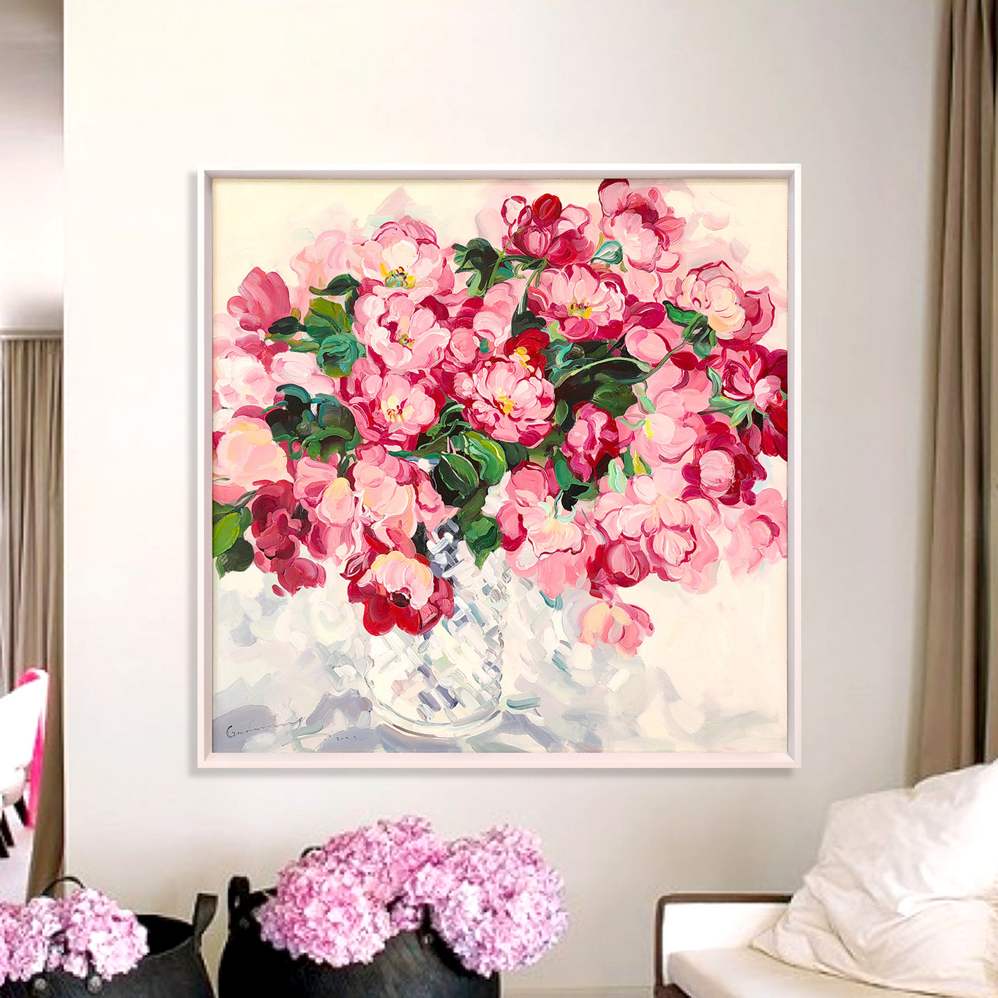 原创花卉 纯手绘油画餐厅卧室简约现代轻奢奶油风法式粉色装饰画