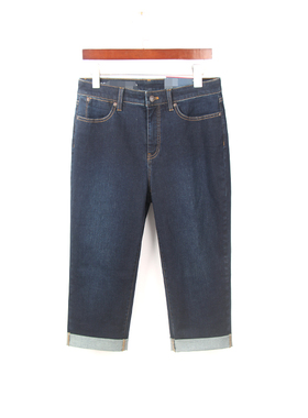 夏季新款67分深蓝色牛仔裤女外单大码高腰弹力高品质卷边直筒中裤