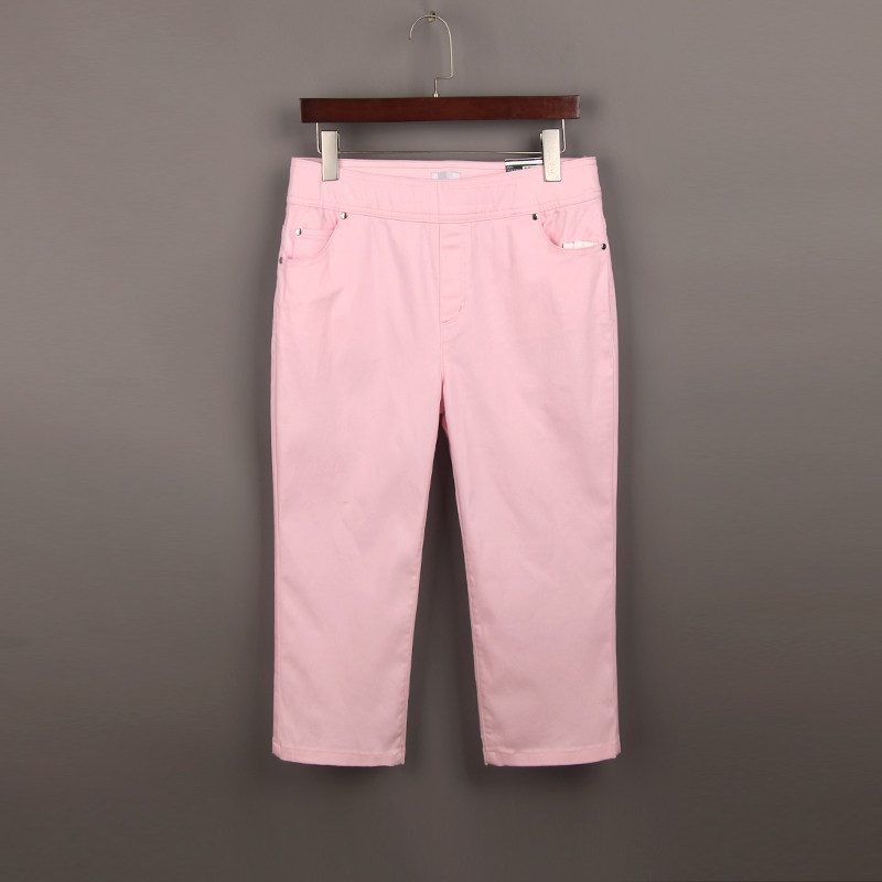 春夏糖果色78分松紧腰休闲牛仔裤女 外单200斤大码高腰弹力中裤