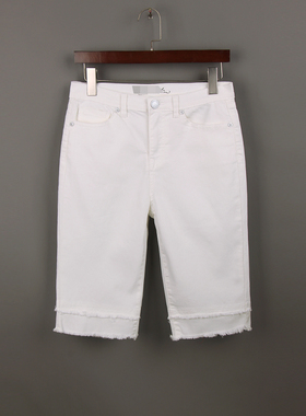 夏季薄款白色67分裤牛仔裤女 外单200斤大码高腰弹力显瘦毛边中裤