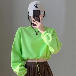 2025收腰卫衣女春秋季荧光绿色宽松套头圆领抽绳短款露脐上衣外套