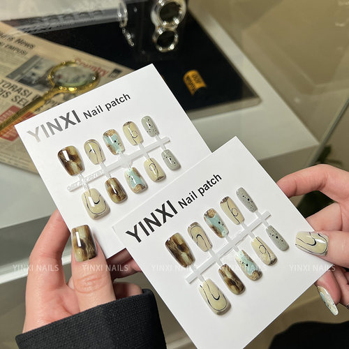 新款穿戴甲晕染几何线条蛋壳ins网红同款美甲可拆卸指甲贴带封层