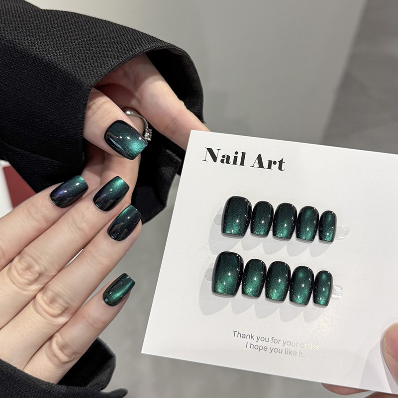 绿光森林猫眼成品甲穿戴式美甲短款高级显白夜店甜辣爆闪穿戴甲片