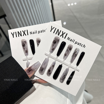 国风水墨黑白玫瑰花穿戴甲新中式预制甲片半成品带封层可拆卸美甲