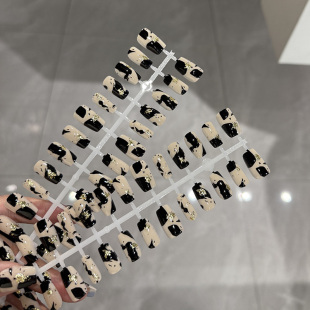 黑白新中式涂鸦泼墨穿戴甲金箔中方短款预制甲片分码优雅显白美甲