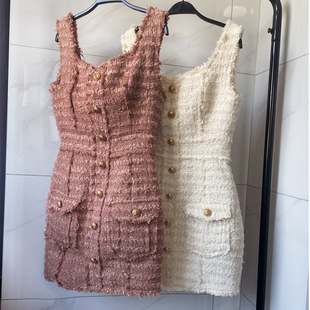 樊樊早安香香面料款手工拉毛修身吊带连衣裙女收腰设计包臀裙子