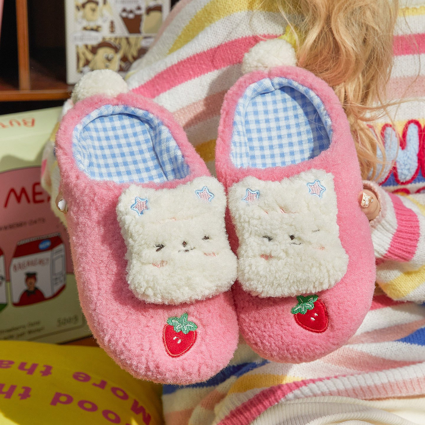 蚂蚁之恋冬款新款卡通可爱小熊情侣款男女居家外穿毛绒棉拖鞋保暖