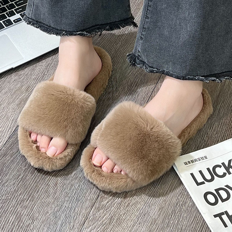 蚂蚁之恋冬季新品韩版厚度一字毛毛拖鞋女居家外穿时尚纯色