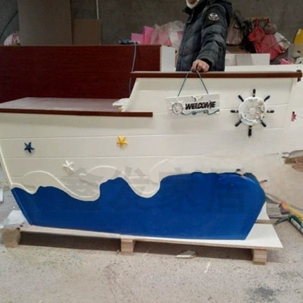 幼儿园地中海风格游泳馆接待台培训学校吧台鱼乐贝贝异形船型前台