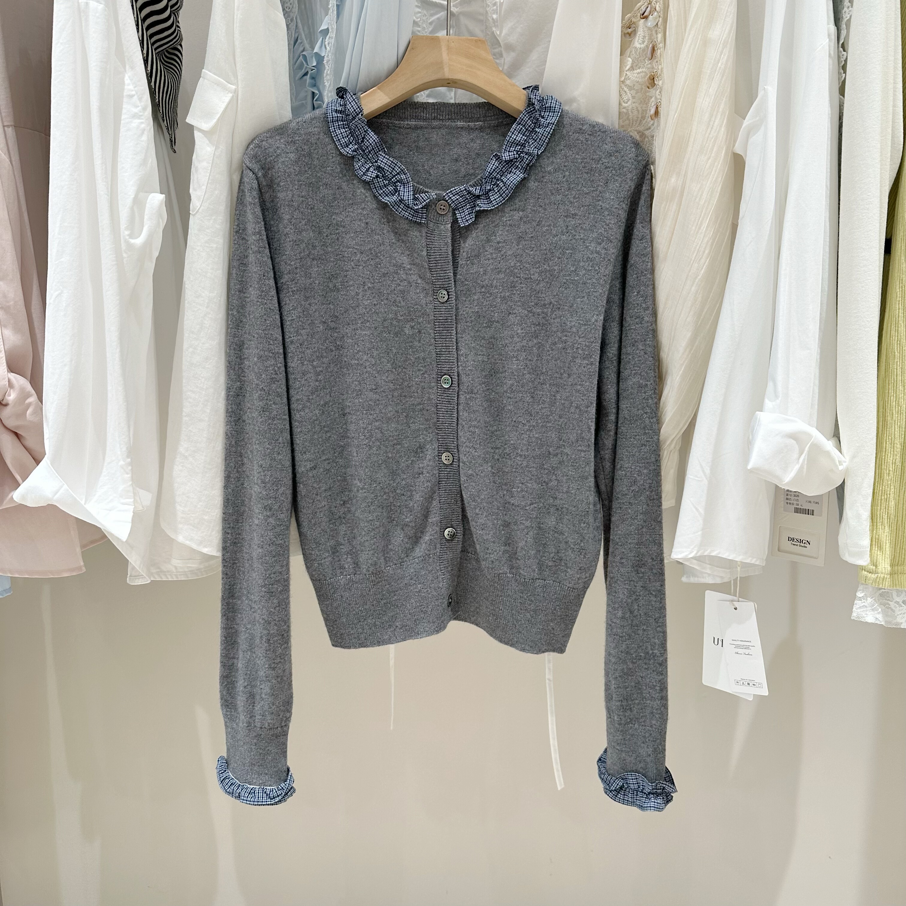 onetwo 韩系秋款甜美撞色拼接设计显瘦针织衫毛衣外套（47%羊毛）