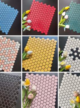 陶瓷厨房背景墙卫生间阳台小六角六边形马赛克黑白蓝色粉色墨绿色