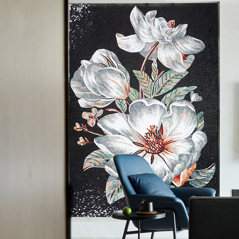 茶花水晶玻璃马赛克背景墙瓷砖剪画客厅拼图玄关拼花壁画背景瓷砖