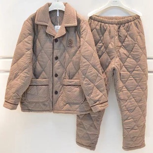 安之伴睡衣季男士梭织磨毛纯棉格子三层加厚夹棉保暖轻奢棉袄家居