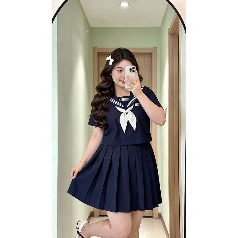 新款胖MM大码绀三本JK制服水手服学院套装海军领上衣百搭百褶裙女