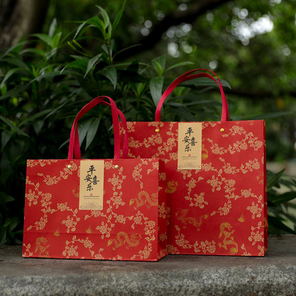 复古中式龙纹礼品袋高级感伴手礼袋加厚牛皮纸手提回礼结婚包装袋