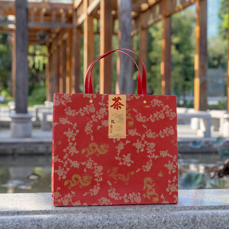 红色复古风礼品袋茶叶手提袋加厚牛皮纸中国风年货送礼物包装袋