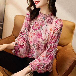 2026春季新款时尚洋气女士小衫荷叶边泡泡长袖碎花雪纺衫上衣女装