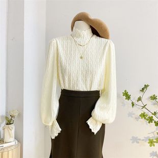 半高领加绒蕾丝衫秋冬加厚保暖气质内搭打底衫洋气灯笼袖小衫上衣