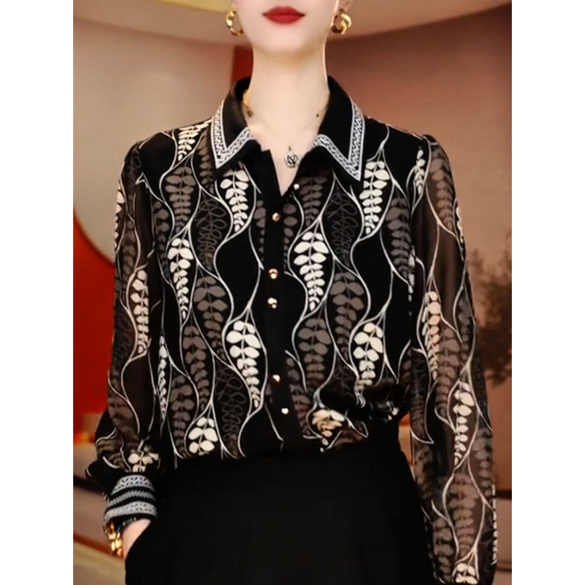 【双绉乔其纱面料】2026年秋季时尚感外穿印花长袖衬衫女装上衣