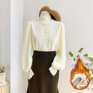 半高领加绒蕾丝衫秋冬加厚保暖气质内搭打底衫洋气灯笼袖小衫上衣