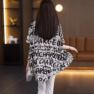 中长款 女短袖 字母印花衬衫 上衣女遮屁股洋气 双绉水印面料