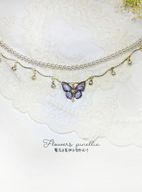 双层珍珠流苏蝴蝶项链锁骨链