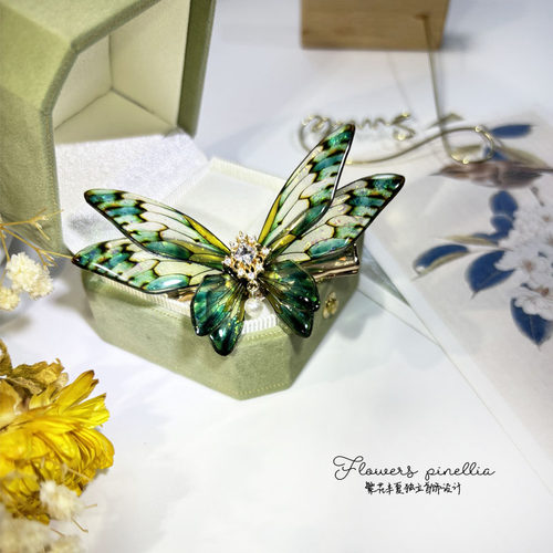 复古绿色精灵翅膀发夹蝴蝶蜻蜓边夹哥特风格配饰森系旅拍新中式