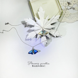 原创设计蓝色飞蛾蝴蝶吊坠项链S925纯银女链条精美饰品