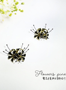 繁花半夏黑色彼岸花S925纯银耳钉曼珠沙华耳环古风长款流苏耳饰