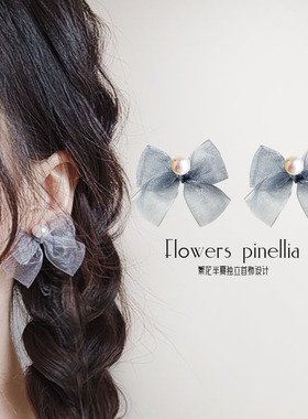 蕾丝纱带蝴蝶结珍珠耳环925纯银耳钉无耳洞耳夹百搭甜美少女气质