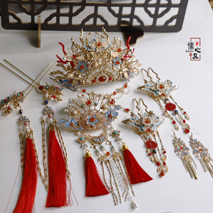 手工古风发冠额饰套装汉服古装秀禾结婚头饰烧蓝流苏保色新娘配饰