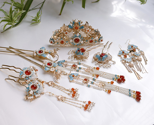 愫心品 烧蓝发饰套装汉服古装发簪配饰明制婚礼新娘头饰发冠翠微